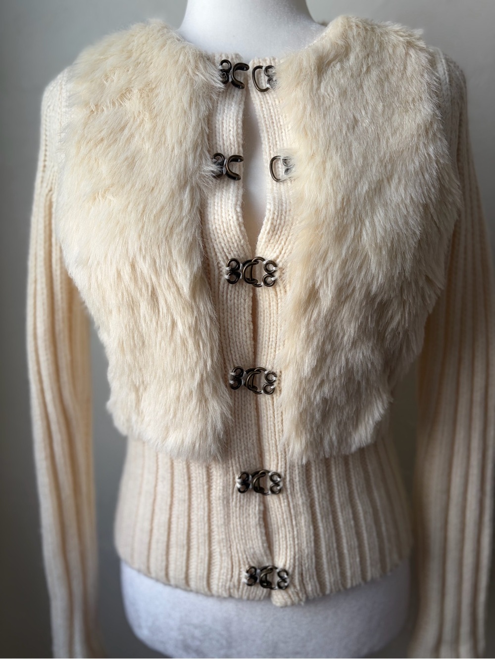 VTG Y2K LOFT Faux Fur Wool Blend Ribbed Cardigan Ivory XS - Picture 5 of 10